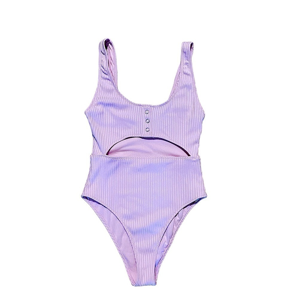 Womenโs pink ribbed cut out 1 piece swim suit bathing suit button front